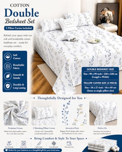 Image of IVAZA 240 TC Soft Ezyption Cotton Floral Print King Size Bedsheet - with 2 Pillow Covers, Hypoallergenic, Brethable, (Size- 90 x 90 Inch) Denim Blue