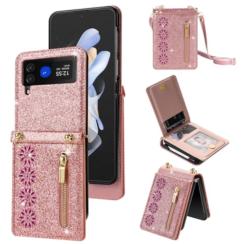 Asuwish Phone Case for Samsung Galaxy Z Flip 3 5G 2021 Wallet Cover and Wrist Strap Bling Glitter Leather Flip Zipper Credit Card Holder Slot Stand Cell Accessories ZFlip3 Z3 Flip3 3Z Women Rose Gold