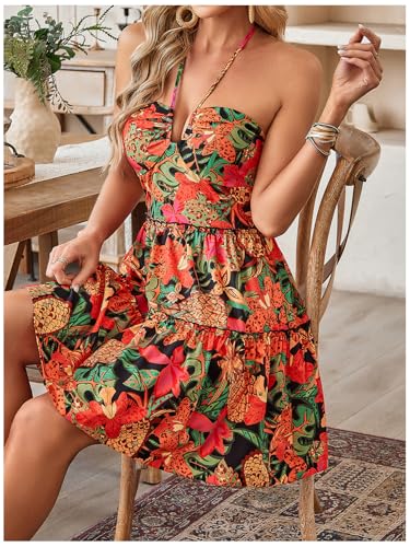 Image of Floerns Women's Floral Sleeveless Halter Dress Milkmaid Flare Hem Boho Mini Dress