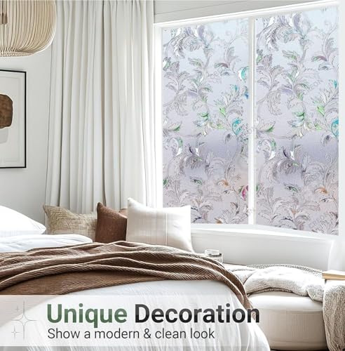 Image of CREON Window Film Decorative Leaves Pattern (12 X 50 Inch) Window Cling Frosted Reusable Anti-UV Non-Adhesive Static Cling Privacy Film for Home Office