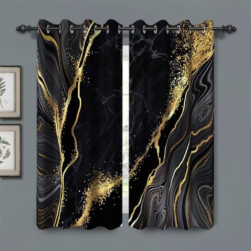 Baocicco Black Gold Marble Window Curtains - 2 Panels W31xL45 Inch, Luxury Gold Modern Design Grommets, Art Fluid Golden Texture, Bedroom & Living Room Blackout Curtains