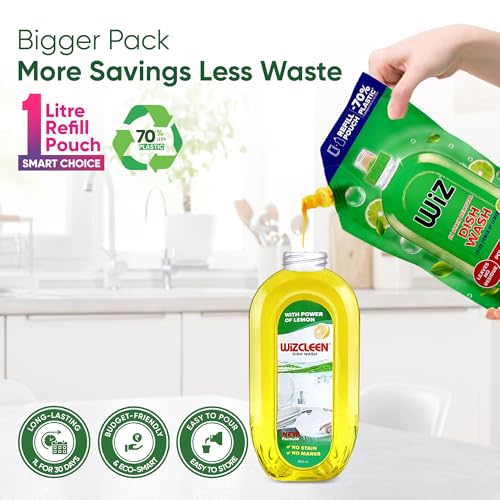 Image of Wiz Cleen Lemon Dish Wash-1L Refill (Pack of 2) | Powerful Cleaning Formual| 2x Stain Remover & Super Shine | Kills Germs | 70% Less Plastic Refill Pouch | Suitable for all type Utensils