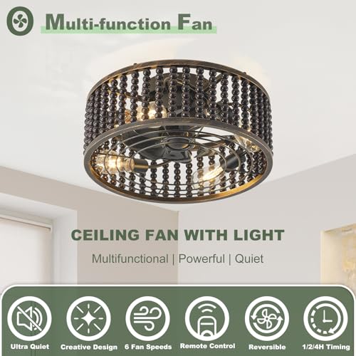 Image of Ceiling Fans with Lights and Remote - Bulbs Included, Caged Fandelier with Handcrafted Beaded Decor 19 inches Reversible Flush Mount Installation Ceiling Fan, Gloss Black