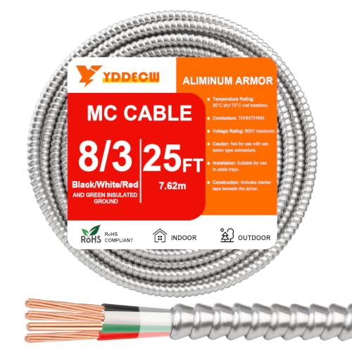 Image of 25FT 8 /3 Metal Clad (MC) Cable with Ground, 8 Gauge Electric Wire with Aluminum Armor, Solid Bare Copper Conductors for Indoor Outdoor Underground Embedded Installation (8 /3, 25 ft)