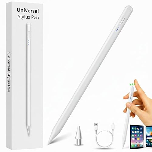 Universal Active Stylus Pen Stylus Pen for Android Tablet Touch Pen for iPad & Tablet Rechargeable Stylus Pencil for Writing Drawing & Note-Taking Works with Android and iOS Devices (White)