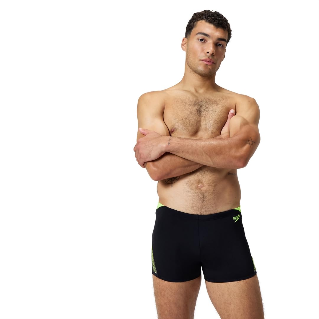 Speedo Men's Hyperboom Splice Aquashort Swimming Trunks | Quick Drying | Training | Fitness | Chlorine Resistant Swimwear, Hyper Yellow/Cobalt/Emerald, 34