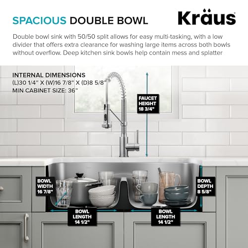 Image of KRAUS Premier 32 in. Undermount 50 /50 Double Bowl 18-Gauge Stainless Steel Kitchen Sink and Commercial Style Pull Down Faucet in Spot-Free Stainless Steel, KCA-1200