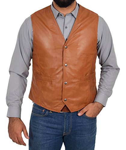 House Of Leather Chaleco de Cuero Real para Hombre Gilet Clásico de Estilo Tradicional Petrelli Bronceado (L)