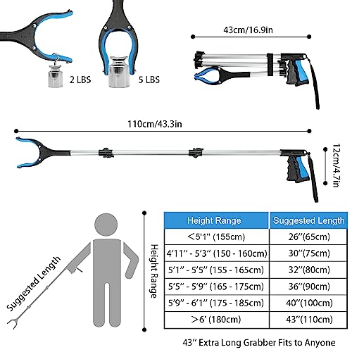 Housolution Reacher Grabber Tool, 43" Extra Long Grabbers for Elderly, Lightweight Handy Trash Claw Grabber with Magnets, Reaching Assist Tool for Trash Pick Up, Arm Extension, Litter Picker (Blue) - 2