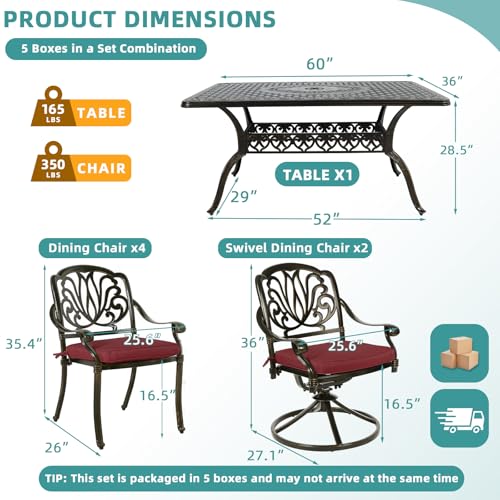 Image of MEETWARM 7-Piece Outdoor Patio Dining Set, All-Weather Cast Aluminum Patio Conversation Set with 2 Swivel Rocker Chairs, 4 Stationary, 1 Rectangular Table, 6 Cushions, 2 inch Umbrella Hole, Chili Red