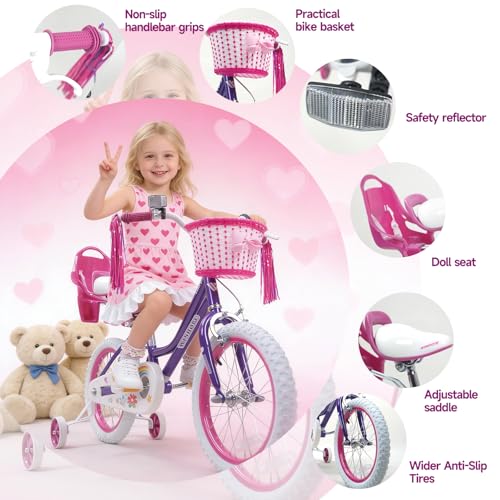 Image of WinHope Girls Bike, 12-18 Inch Children's Bicycle for 2-9 Years Old, Beginner Kids Bike with Training Wheels, Doll Seat & Basket,Streamers for Outdoor Riding, Multiple Colors