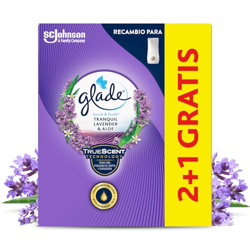 Glade Ambientador Touch & Fresh Lavanda, Hasta 10 Veces Más Frescor, con Aceites Esenciales, 3 Recambios