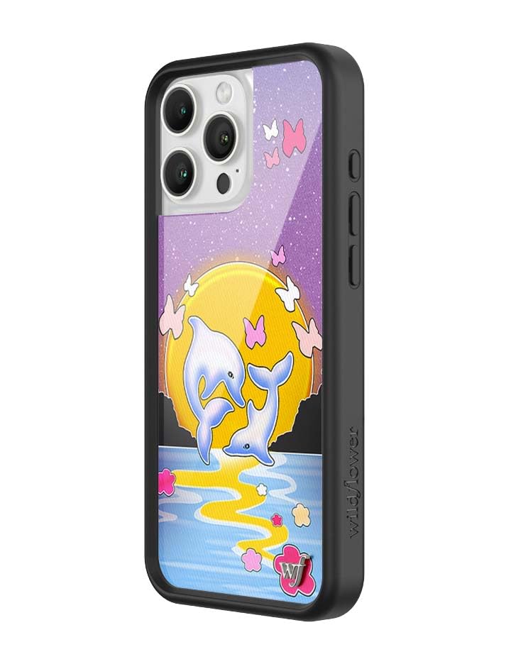 Image of Wildflower Cases - Compatible with iPhone 16 Pro Max | Protective Black Bumper, 6.5ft Drop Test Certified, Women Owned Small Business | Dolphin Sunset