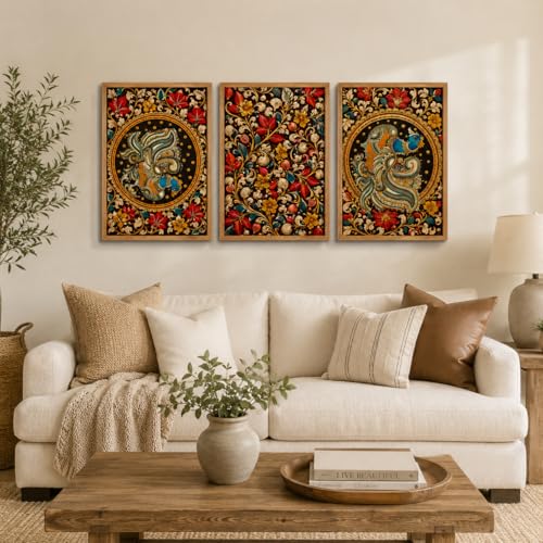 Image of Livin'luxe Set of 3 Abstract Peacock Flowers Wall Paintings for Living Room Bedroom Home Decor with Premium Wooden Color Synthetic Frame (25.5 x 19.5 Inch) NM03-72
