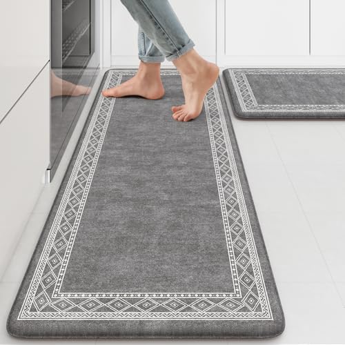 KIMODE Anti Fatigue Kitchen Mat, Farmhouse Kitchen Rugs Sets of 2, Cushioned Kitchen Mats for Floor, Non-Slip Kitchen Floor Mats for Sink, Laundry, Office, Desk Dark Grey and Green