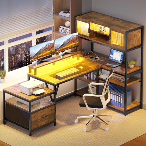 YITAHOME L Shaped Desk with Power Outlets, 78.7' Computer Desk with Drawers & Bookshelf, Reversible Corner Office Desk with LED Lights and Storage Shelves for Home Office, Rustic Brown