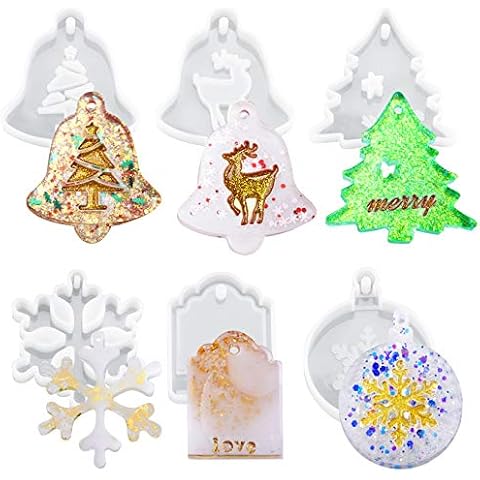 6pcs/Set Christmas Resin Molds Merry Xmas Tree Bell Snowflake Reindeer Silicone Chocolate Candy Mold Cake Cookie Pendent Keychain Tag Molds for Jewelry Necklace Cover