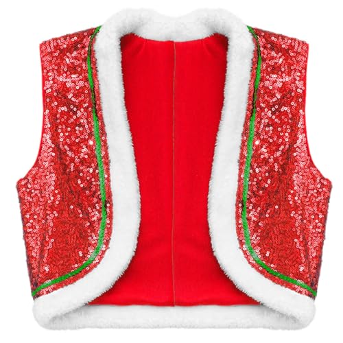 YiZYiF Girls Christmas Vest Sleeveless Open Front Waistcoat Elf Top Outwear Sparkle Sequins Holiday Fancy Dress-up