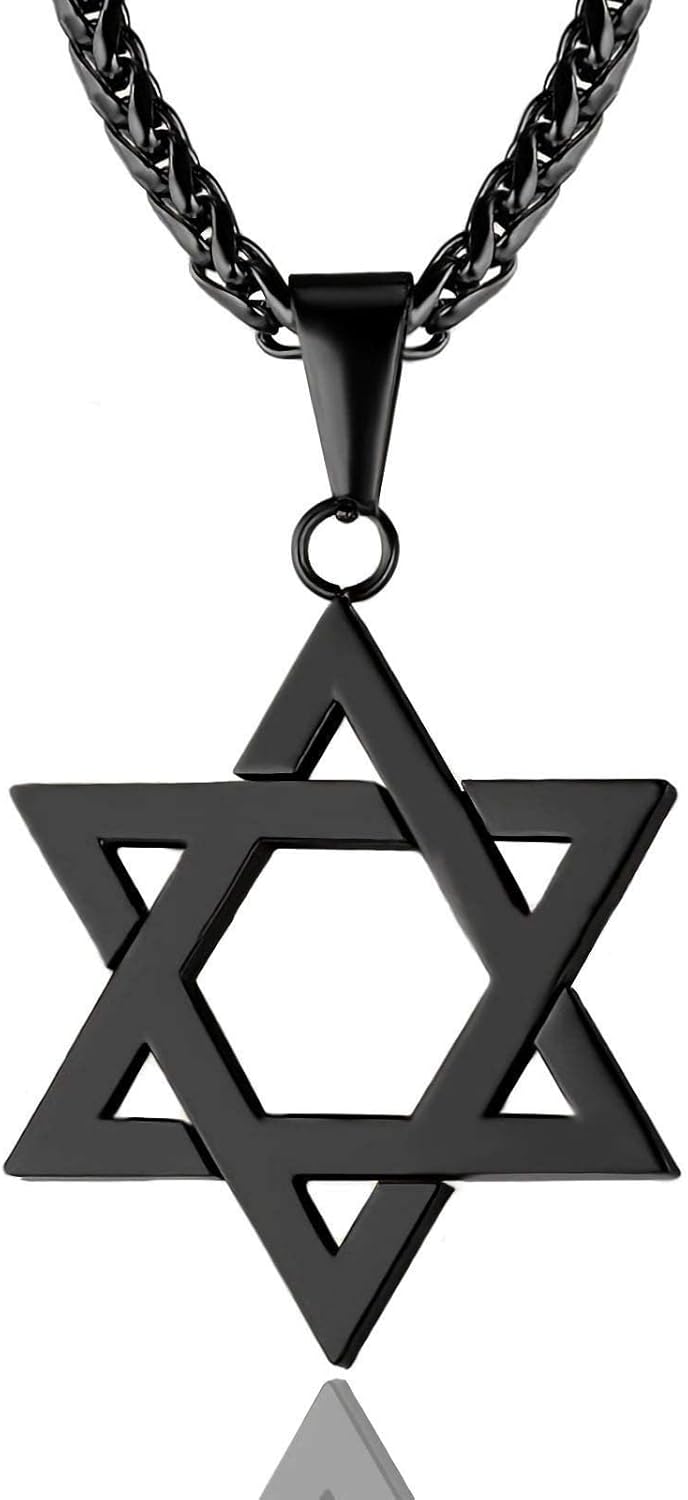 Star of David Hexagram Pendant Necklace Stainless Steel Israel Magen David Jewish Jewelry for Men Women Religious 24" Chain