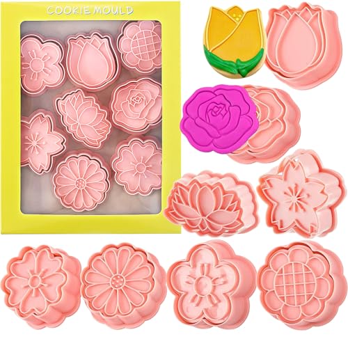 Plastica Stampi Biscotti,8 Pezzi Formine per Biscotti,Forme di Fiori Forme Biscotti Sakura Cookie Cutter 3D Sakura Fondant Timbri Mold per Biscotti da Forno Fai da Te