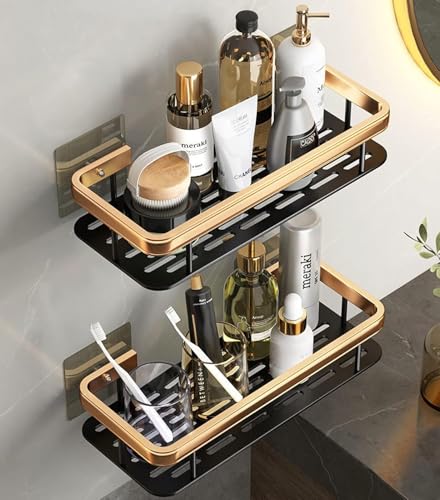 Image of EUDELE Aluminium Pack of 2, Self Adhesive Bathroom Shelf for Wall Shelf Organizer Wall Mounted Bathroom Shelves Rack Holder Stand for Bathroom Accessories Organiser Without Drill Gold Long