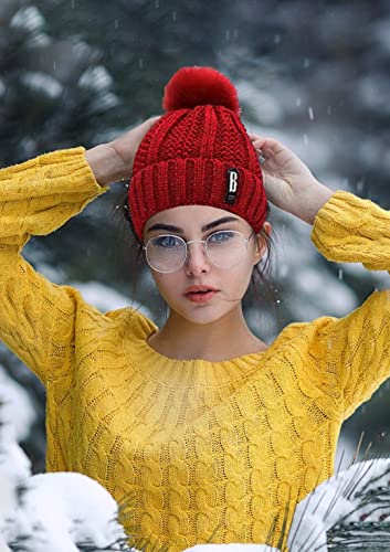 Image of SYGA Winter Beanie Hat for Women Warm Thick Cotton Lining Knit Bobble Pom Pom Skull Cap Fleece Lined Warm Cap Outdoor Sports Hat for Ladies Women Girl Free Size