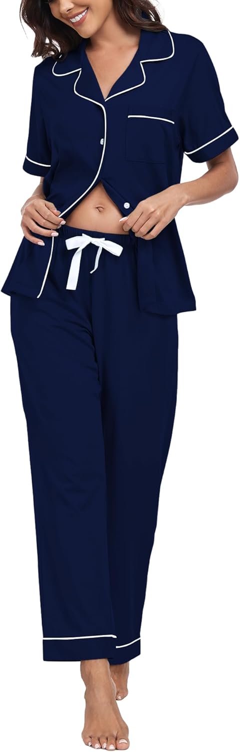 COLORFULLEAF 100% Cotton Women's Pajamas Sets Button Down Sleepwear Short Sleeve with Long Pants Lounge Pj set