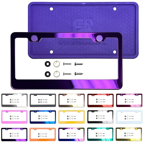 Silicone Back Guard License Plate Frame Purple Mirror Chrome Electroplating Universal Fit Aluminum Screw On Cap Cover T304 Stainless Steel Rust Proof Weather Proof Steel Screws (Qty: 1 Frame)