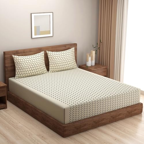 Image of Swayam Pure Cotton King Bedsheet with 2 Pillow Covers | Size 108 x 108 inch | 160 TC | Geometric Design | Soft Breathable Bed Sheet | Comfortable & Durable for Bedroom - Light Brown