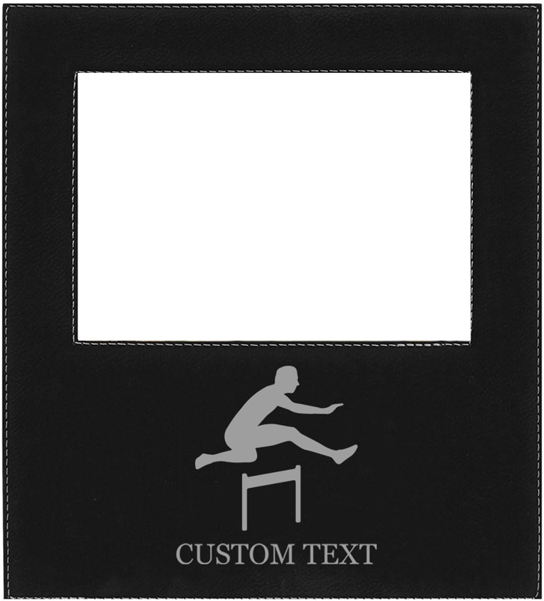 Men's Hurdler - Track and Field Faux Leather Black Leatherette Personalized Group Picture Family 4x6 Custom Landscape Horizontal Kid's Photo Customized Frame