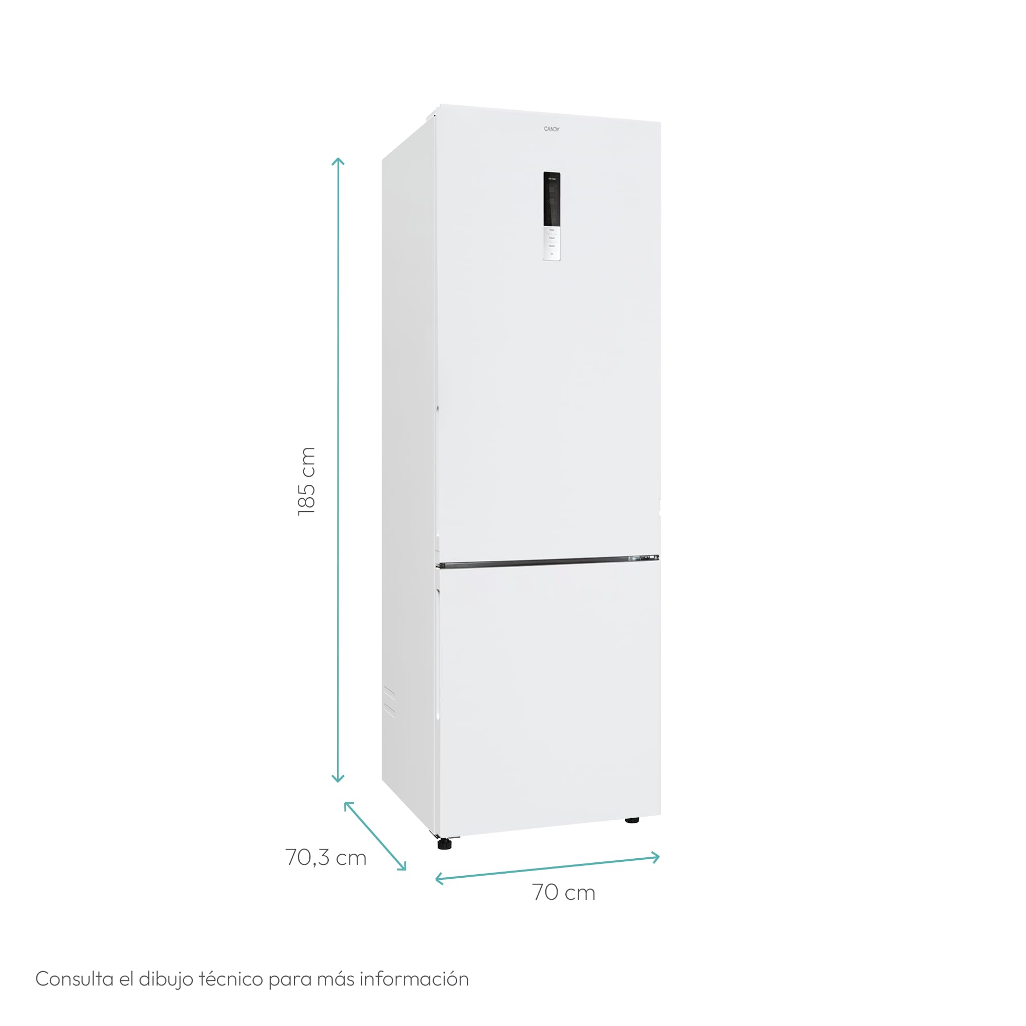 Candy Combi 70 CCG5T718EW1, Frigorífico Combi, 442L, Total No Frost Circle+, 3 Estantes, 4 Balconeras, 2 Cajones Verduleros, Control Digital Interno, Ancho 70 cm, Alto 185,5cm, Iluminación LED, Blanco