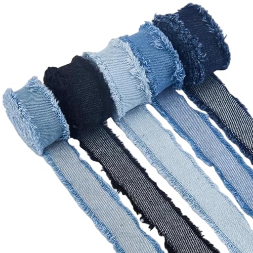 5 Rolls Denim Ribbon Frayed Edge Denim Fabric 2.5cm Wide Ideal for Crafts Hair Bows Sewing 5 Colors - Total 10 Yards