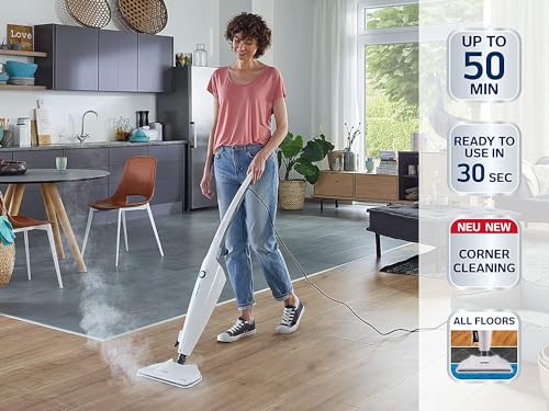Leifheit Dampfreiniger CleanTenso Power 2.0 mit heißem Wasserdampf gegen Bakterien, Dampfmop mit kurzer Aufheizzeit und 50min Wischdauer, Dampfbesen für Eckenreinigung, Dampfwischer in modernem Design