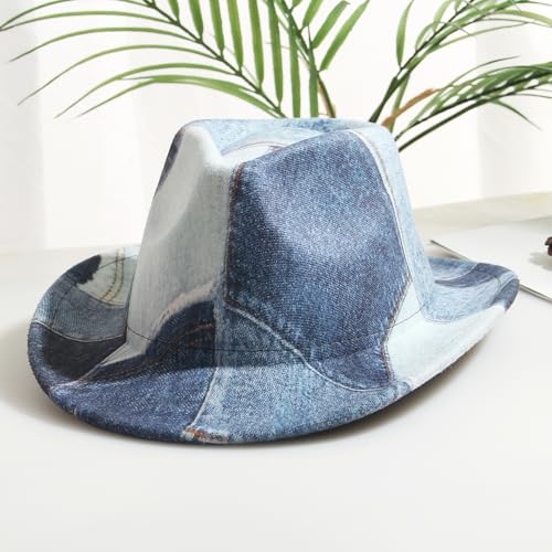 Image of Tie Dye Denim Patchwork Cowboy Hat for Women Men Western Wide Brim Costume Party Hat