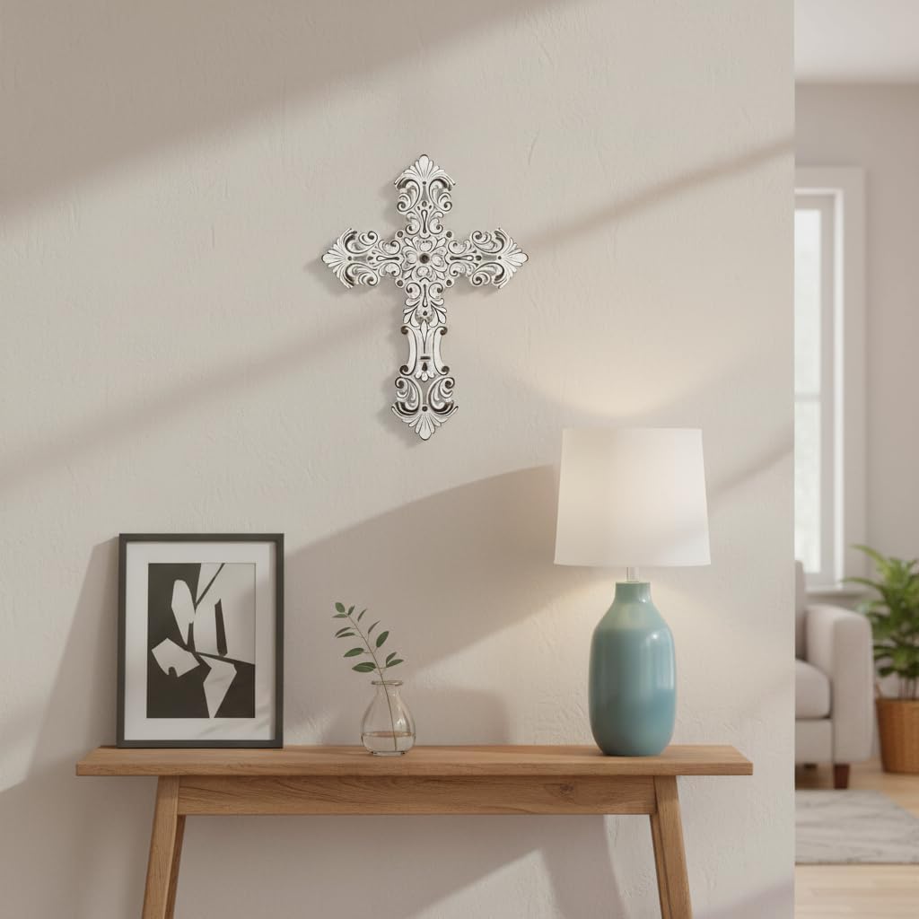 Comfy Hour 12" White Cross for Wall Decor, Decorative White Flower Hollow Out Religious Plaque, Artisan Finished Resin Wall Art for Home Sanctuary, Vintage Victorian Style, 1 Piece