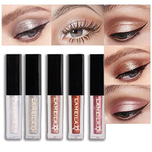 Bingbrush 5 Pcs Liquid Glitter Eyeshadow Set, Metallic Glitter Shimmer Naked Eye Looks Waterproof Long Lasting Quick-Drying Sparkling Eye Shadow Makeup Kits #TOP7