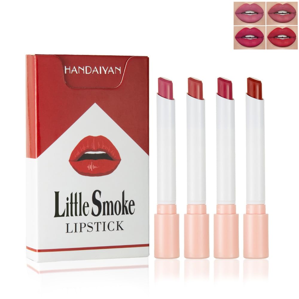 4Pcs Cigarette Case Lipstick Long-Lasting Non-Sticky Matte Nude Lipstick Set Lightweight Mini Velvety Lip Gloss Little Smoke Tube Style Lip Tint Festivals Gift (B)