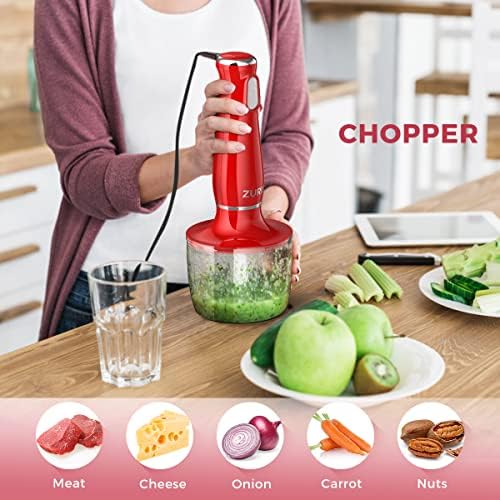 ZURIO Batidora de Mano, 4 en 1 Batidora 800W, Multifuncional con Batidor de Huevos, Vaso Medidor, Picadora, Cuchilla de Acero Inoxidable, sin BPA para Batidos, Sopas, Comida para Bebés