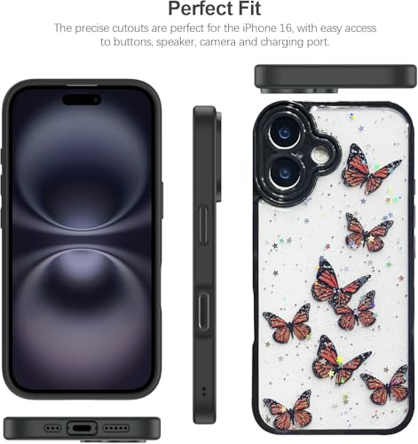Image of VONZEE for iPhone 16 Clear Glitter Butterfly Case, Cute Bling Sparkle Shiny Soft TPU Bumper Shockproof Women Girls Slim Protective Phone Cover for iPhone 16 6.1 inch,Black