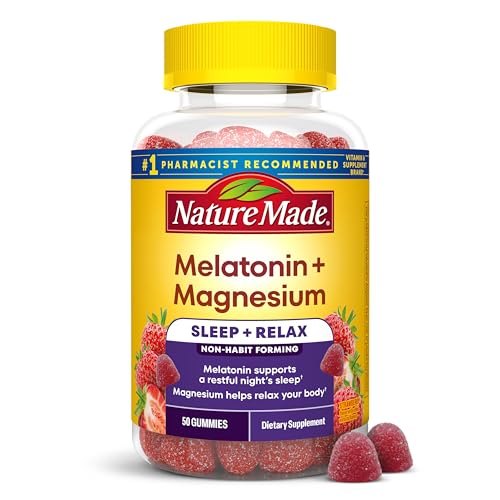 Nature Made Melatonin + Magnesium Gummies Sleep and Relax Support Melatonin 3mg Non-Habit Forming Sleep Aid Magnesium Citrate 50 Gummies