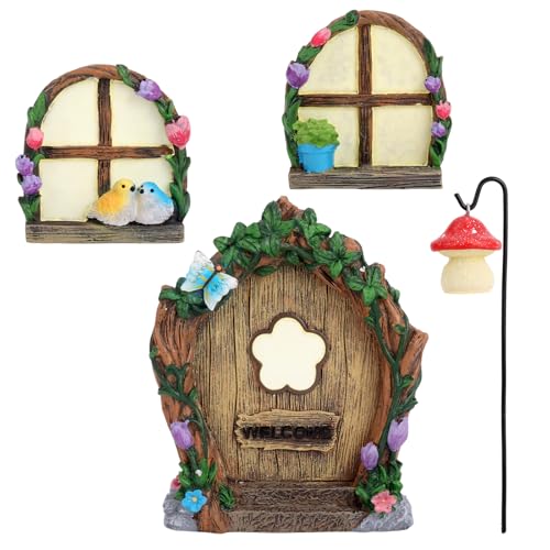 lasuroa 4pzs Puerta de Hadas Ventanas & Linterna Set para Árbol, Brillo en la Oscuridad Accesorios Miniaturas Jardín Hadas para Exterior Céspedes Patio Paisaje Casa Duendes Decoración Jardín