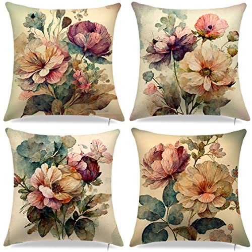 AFIYFH Farmhouse Pink and Red Flower Throw Pillow Covers – Set of 4, 18×18 Inch Super Soft Floral Cushion Cases with Retro Design, Perfect for Couch, Living Room, and Bed Decor (Flower 1)