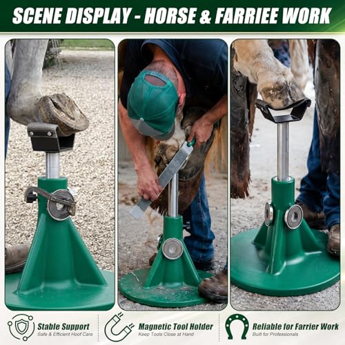 Image of Zonon Farrier Horse Hoof Stand, Tool-Height Adjustable Metal Horse Hoof Trimming Tools, Extra-Large Base Enhances Stability, Blacksmith Farrier Stand(Green,Metal Round Base)