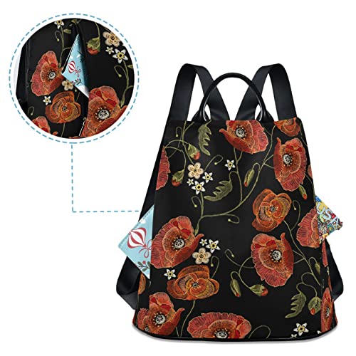 Image of Fustylead Embroidery Red Poppies Backpack Purse for Women Anti-theft Backpack Purse Travel Daypack