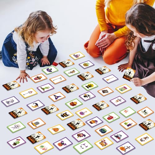 Image of gisgfim 100 PCS Memory Matching Game Happy Halloween Concentration Memory Games Card for Kids Educational Ages 3-8 A Fun & Fast Halloween Theme Matching Games
