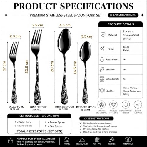 Image of Classic Black 20 Pcs Stainless Steel Cutlery Set for Dining Table, Dishwasher Safe Glossy Flatware (Perfect Spoon Fork Set)