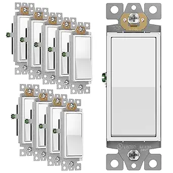 ENERLITES Decorator Paddle Rocker Light Switch, Gloss Finish, Single Pole, 3 Wire, Grounding Screw, Residential Grade, 15A 120V/277V, UL Listed, 91150-W-10PCS, White (10 Pack)