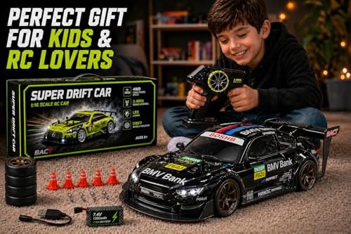 Image of BMW Style 1:16 or 1 16 RC Drift Car, 2.4GHz Remote Control Racing Car, 4WD High Speed with LED Lights, Proportional Throttle, Extra Drift Wheels for Kids (Black)
