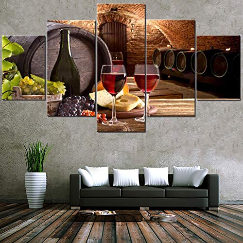 Fu-Keivy Wine Wall Art Decor For Kitchen Dining Room Grapes Fruit Canvas Wine Bottle Pictures 5 Piece Paintings Modern Artwork Decorations Cellar With Barrel And Glass Wooden Framed #TOP1