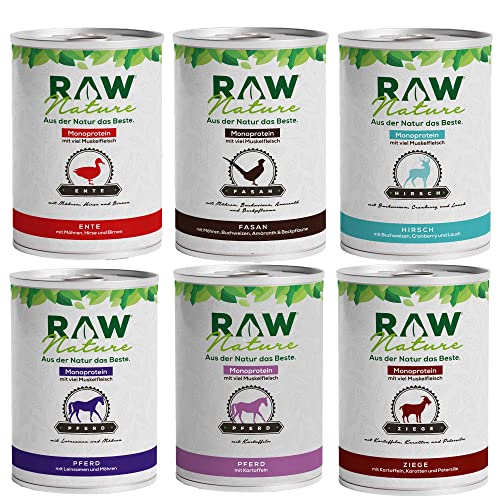 RAW Nature | Nassfutter für Hunde | getreidefrei | Monoprotein | Hohe Fleischanteil | Alleinfuttermittel (6X 800g, Mix-Pack)